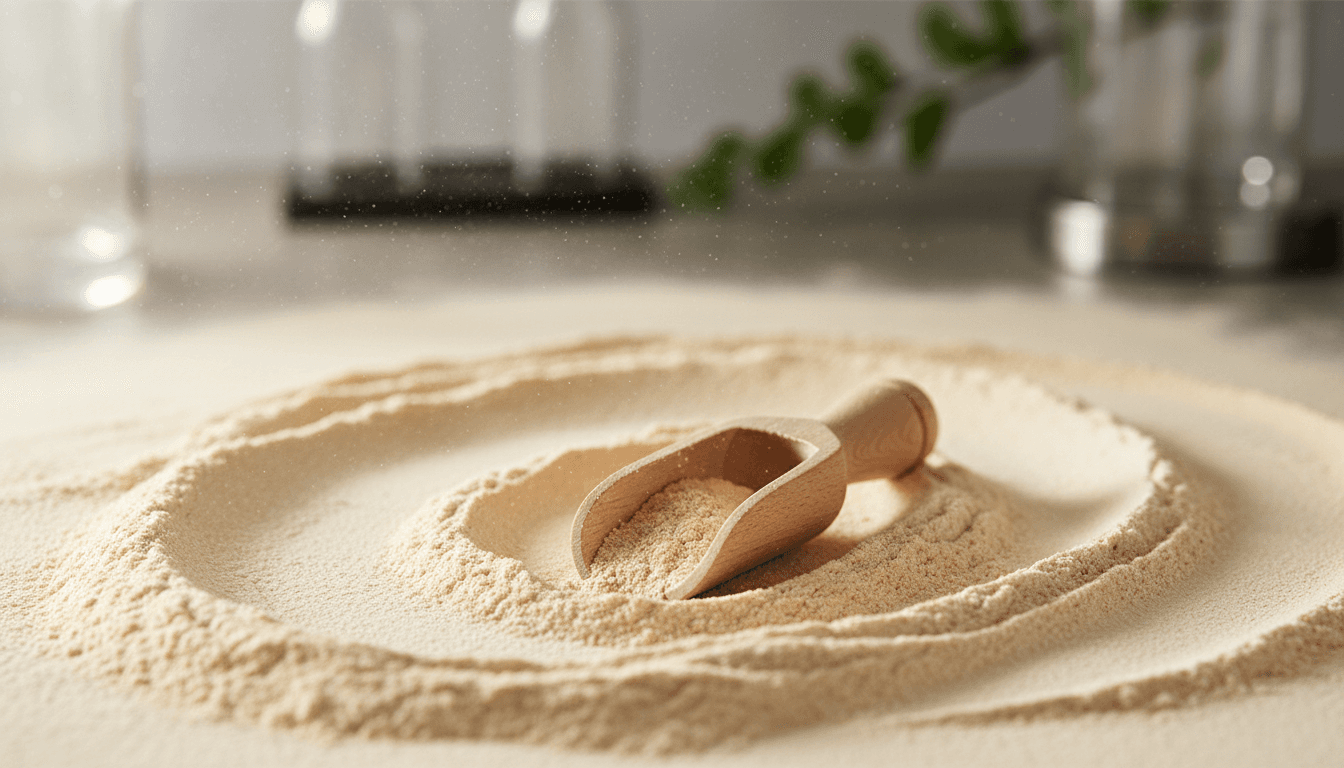 Fine textured soft mask powder ingredient in a wooden scoop with natural overhead lighting