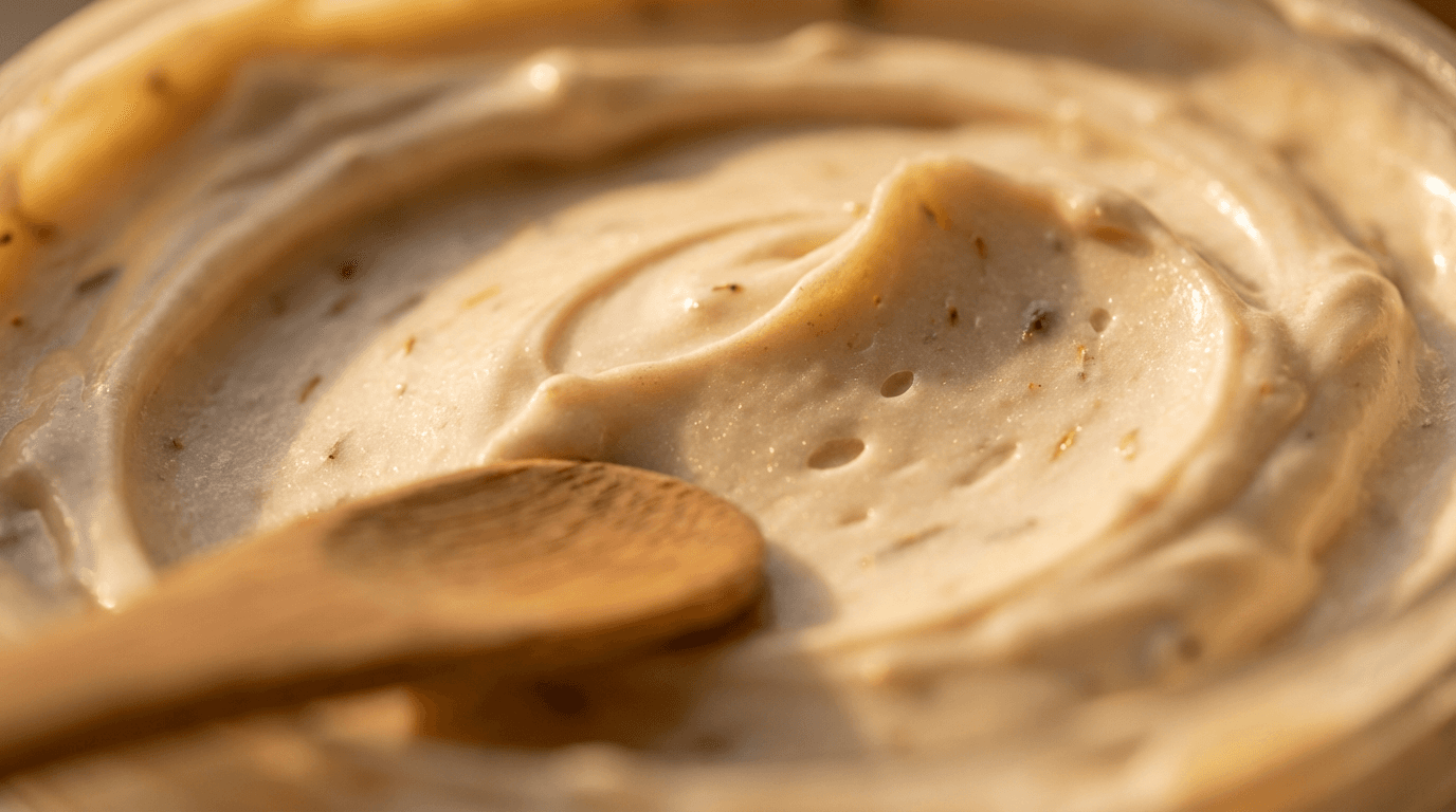 Macro close-up of creamy whipped body butter texture with warm golden lighting and delicate surface details.
