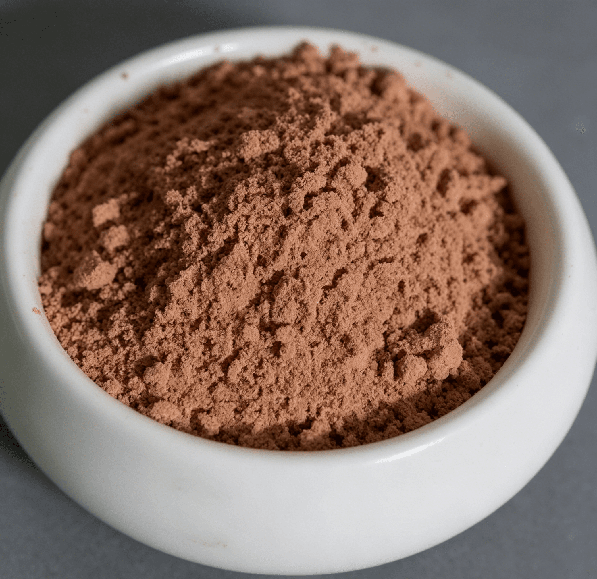 Finely ground reddish-brown powder fills a small white ceramic bowl on a grey background.