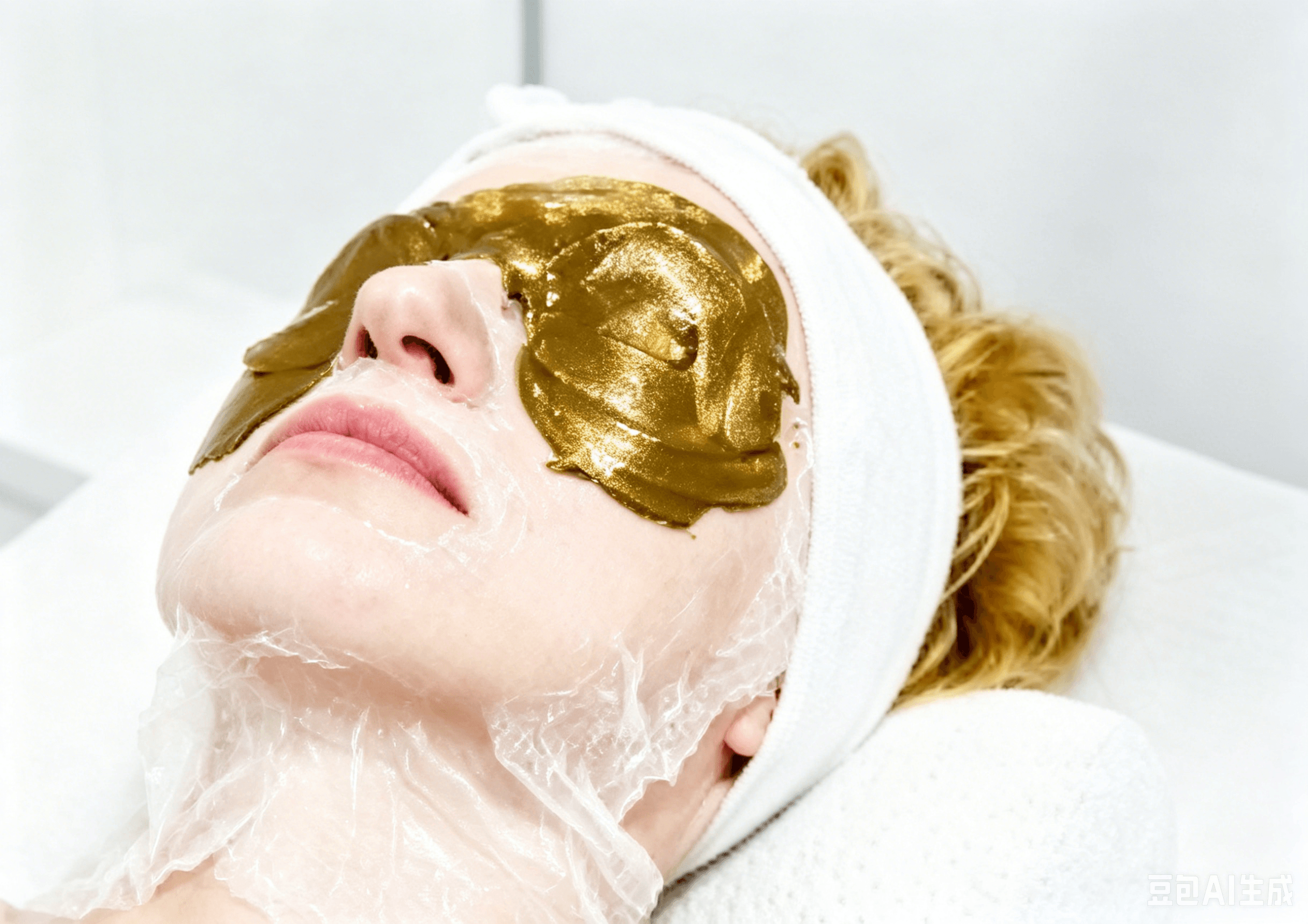 Close-up of a woman with a gold eye mask and clear plastic facial wrap.