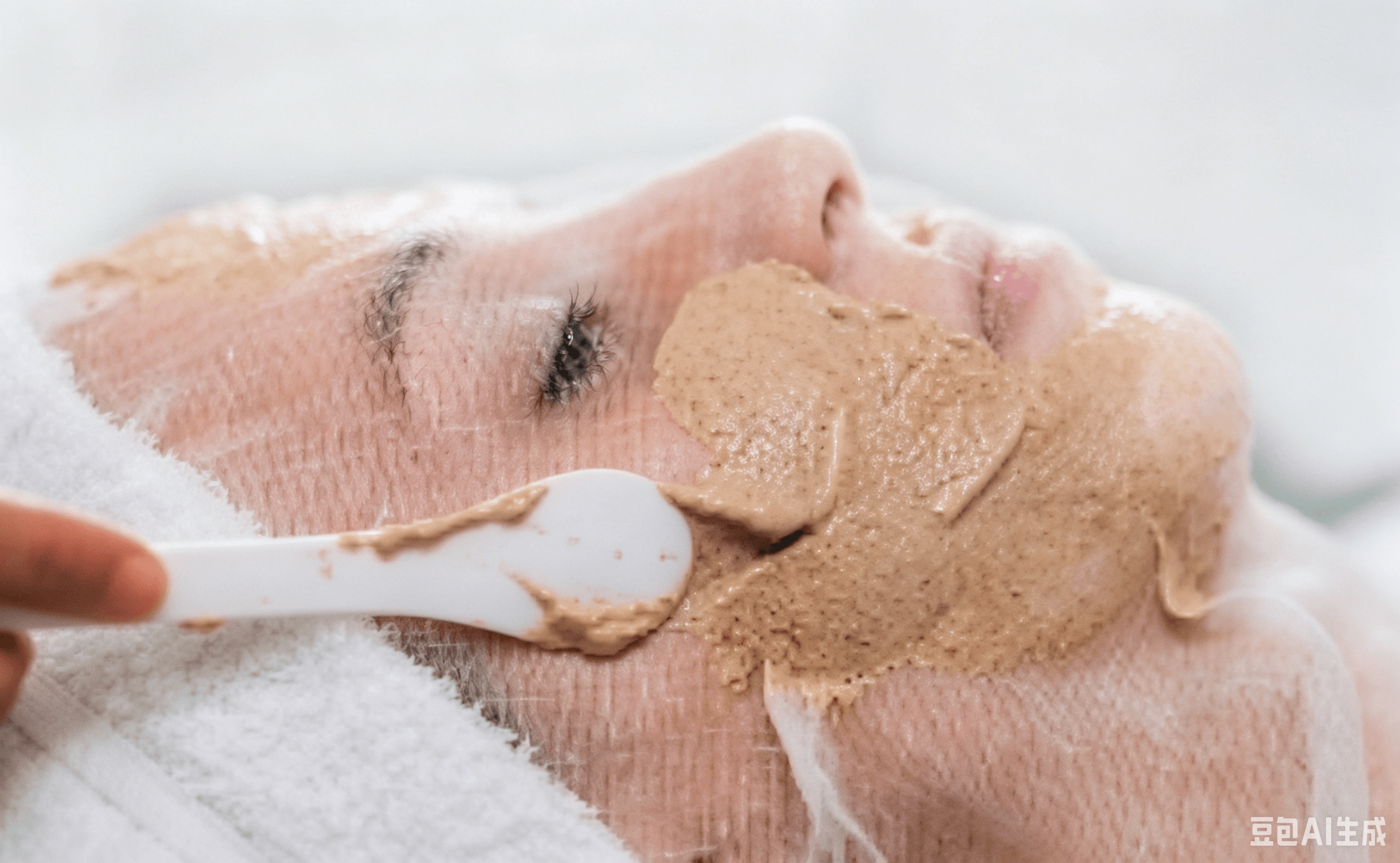 Tan facial mask being applied with a white spatula over gauze on a person's face.