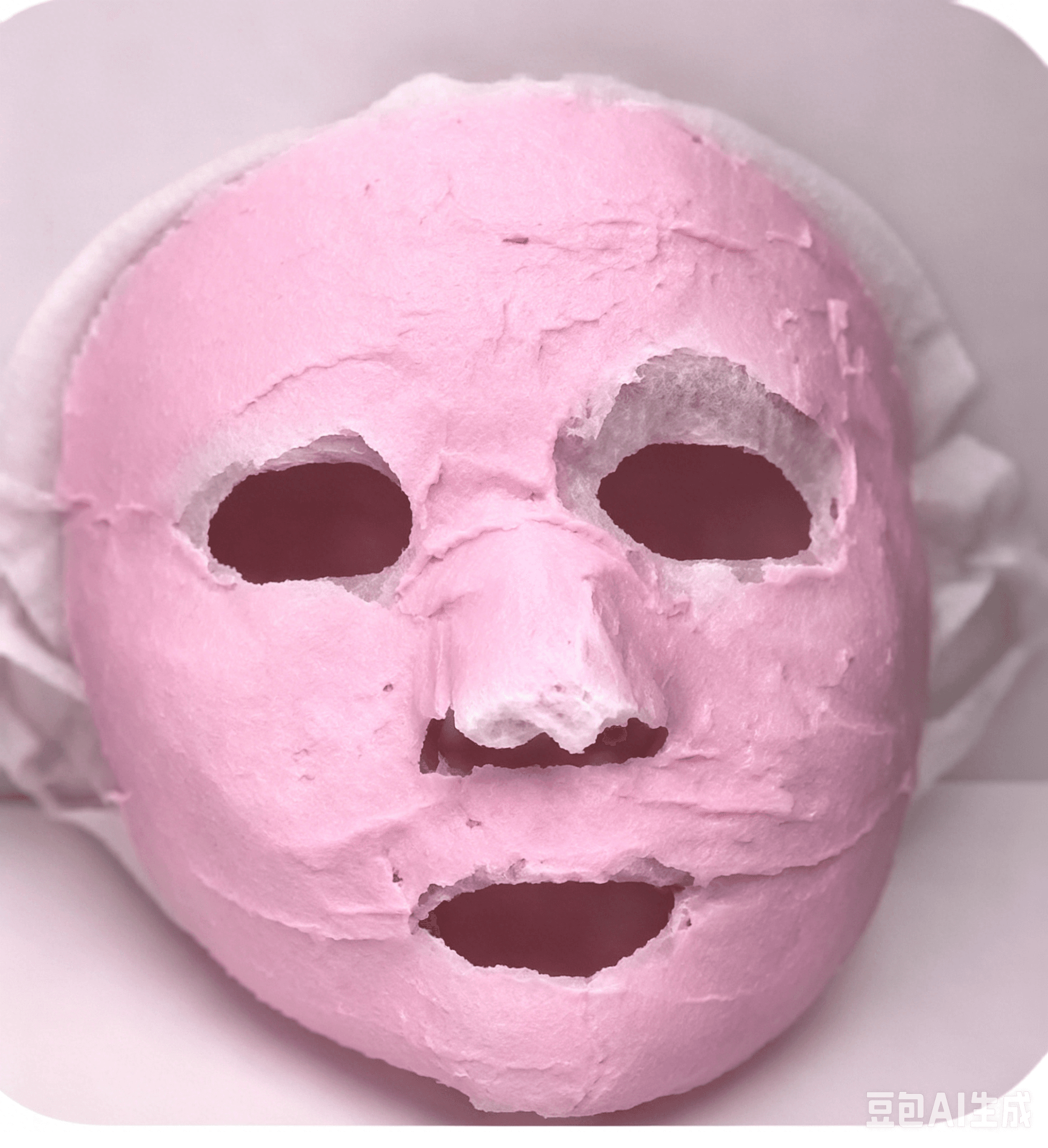 Thick, textured pink facial mask with cutouts for eyes, nose, and mouth on white.