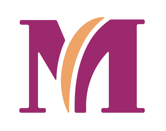 Stylized letter M logo with purple serif sections and a central curved orange swoosh element.
